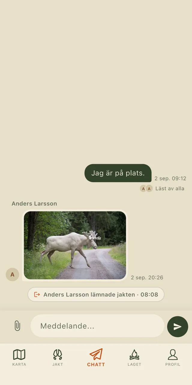 Lagchatten med ett meddelande, en bild på en vit älg och en jägare som lämnat jakten